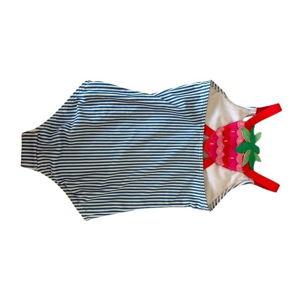 Mini Boden Girls Swimsuit 5-6Y 116cm Blue White Stripe Strawberry Applique